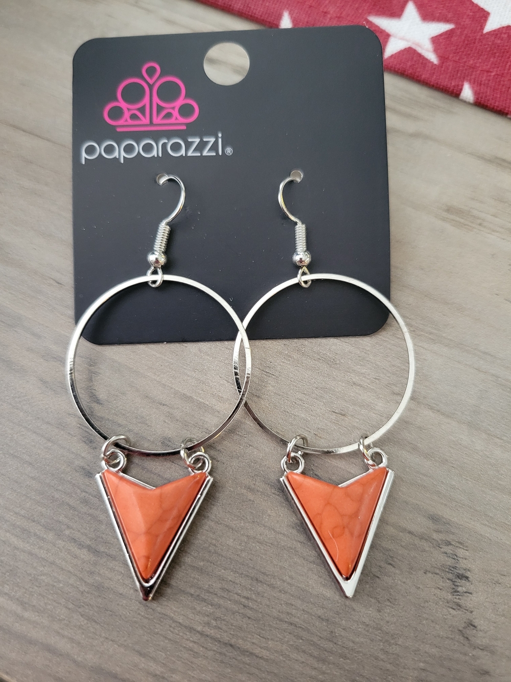 Paparazzi Silver Hoop Earrings with Orange Triangle Stone Drops
